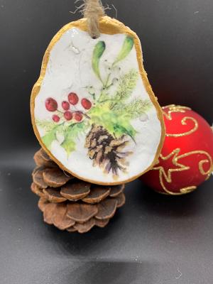 Pinecone and Holly Oyster Shell Ornament
