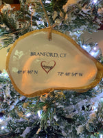 YOUR TOWN coordinates oyster shell ornament - COMPLETELY CUSTOMIZABLE